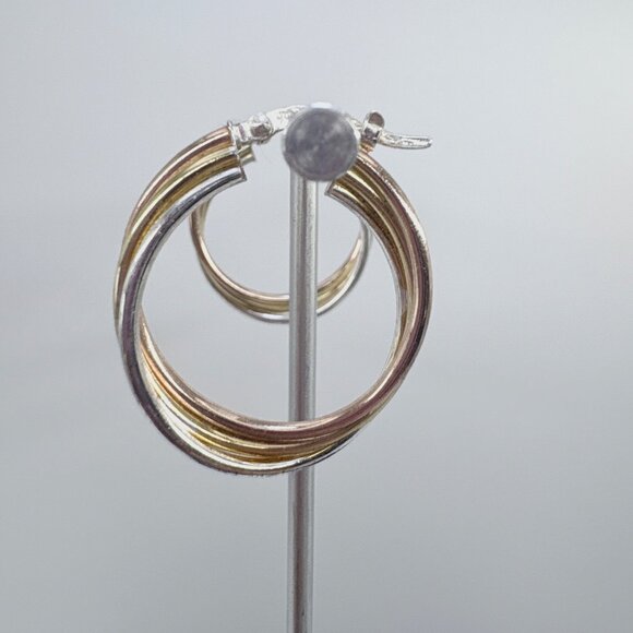 VTG Sterling Silver 925 Tri Tone Triple Hoop Earrings Hinged Post 1.25" Diameter - Picture 3 of 9